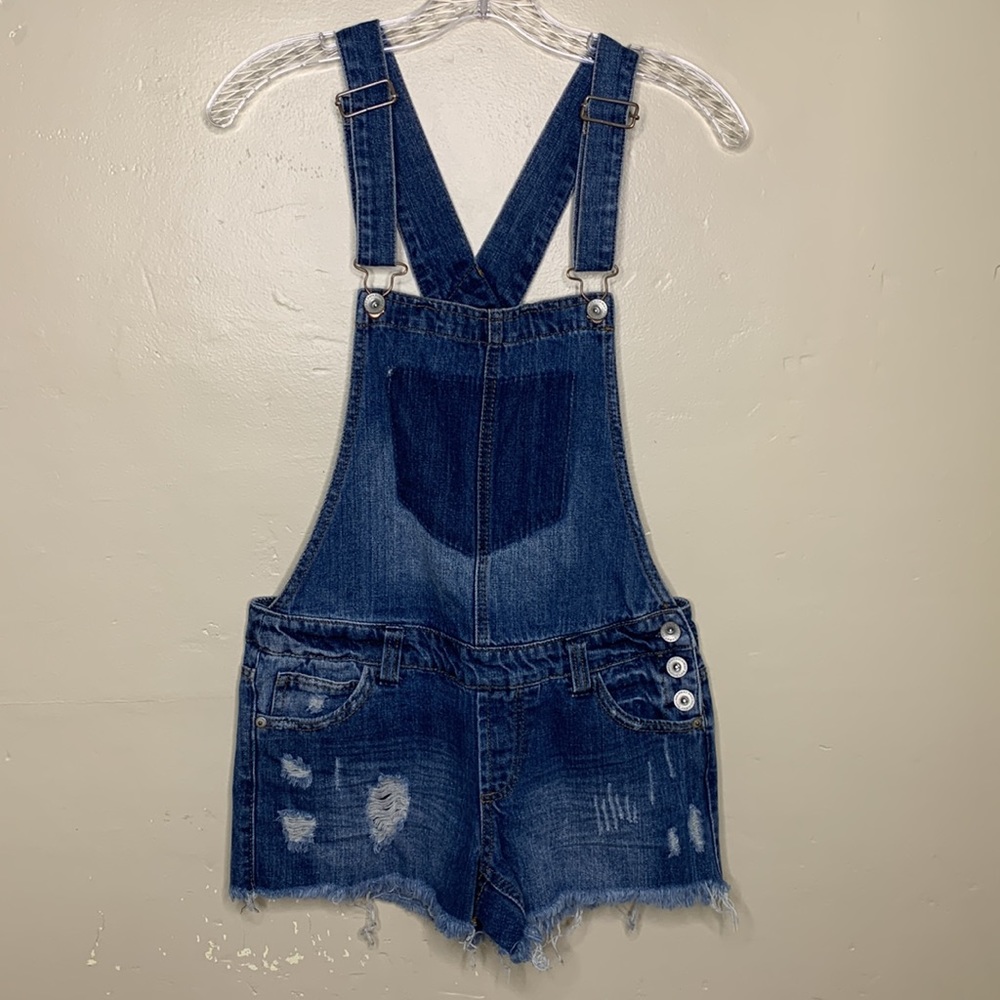 HIGHWAY JEANS Shortalls Jean Shorts Distressed Raw Hem BOHO Denim Bibs Small